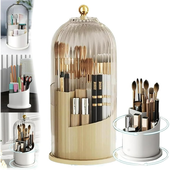 Sliding Lid Toothbrush Organizer,360° Rotating 3 Slots Bathroom Organizer Countertop,Concealed Vanity Makeup Brushes Holder