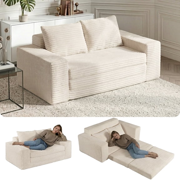 Two-seater Folding Sofa Bed cream-coloured
