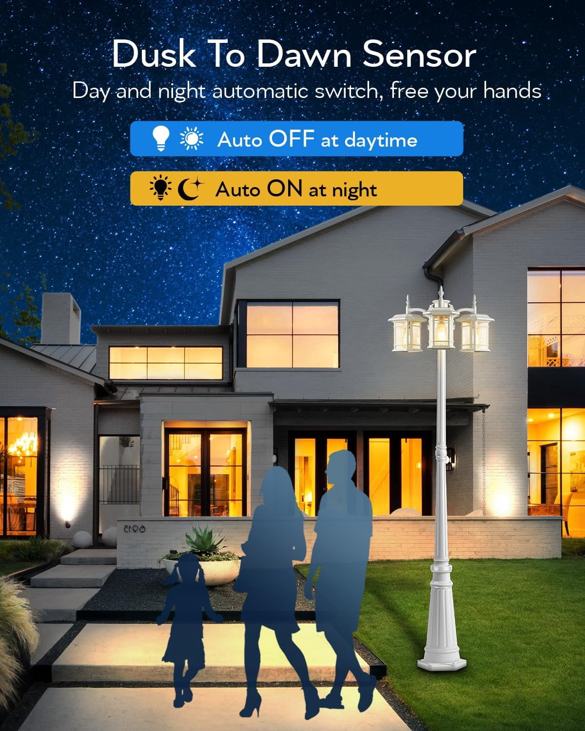 VIANIS Outdoor Lamp Post Light with Outlet 3-Head, Waterproof Outdoor Lamp Post Sconce, Anti-Rust Black Dusk to Dawn Street Light Pole for Garden, House, Doorway, Weather Resistant