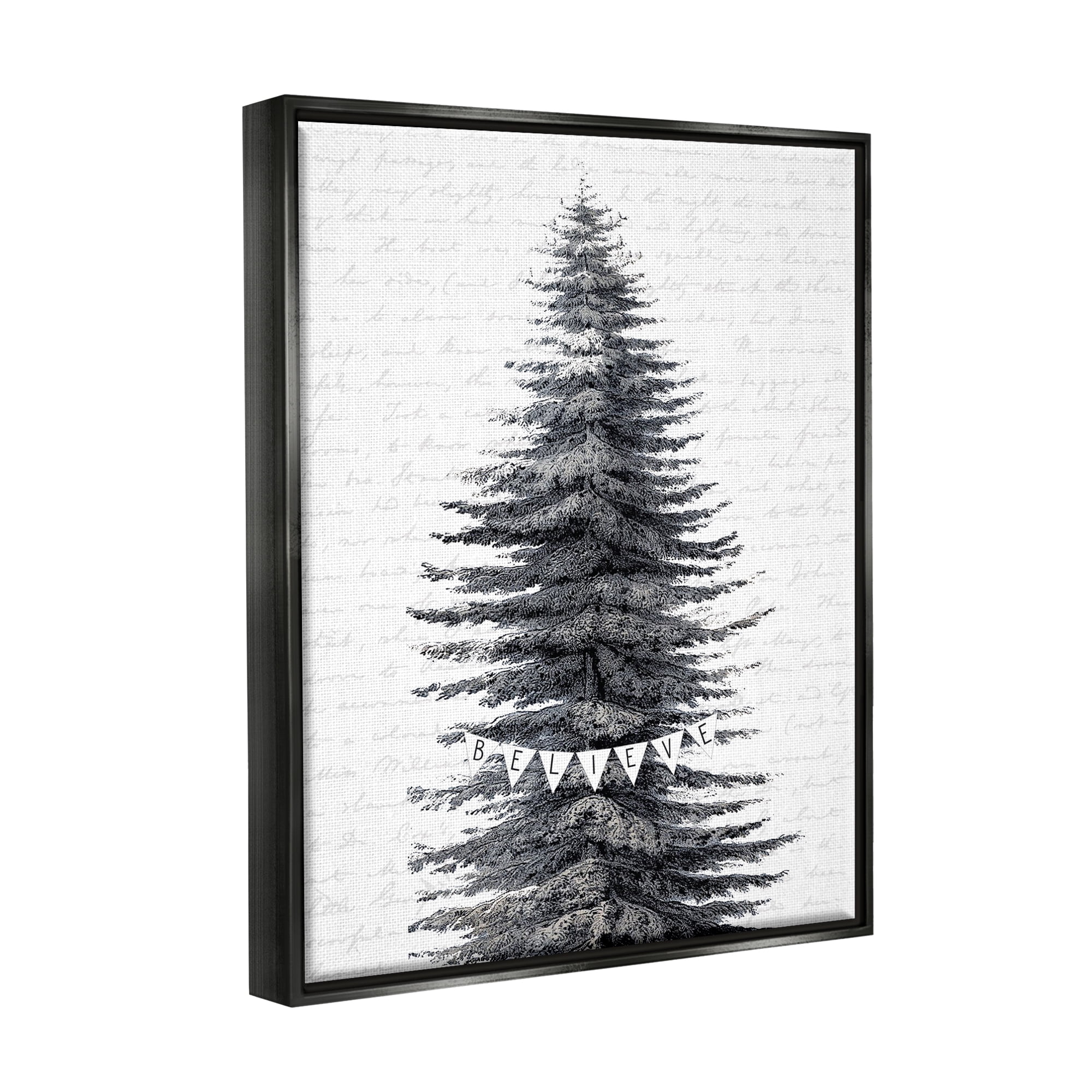 Stupell Industries Snow Covered Christmas Tree Believe Holiday Word Design Jet Black Framed Floating Canvas Wall Art, 24x30, by Lettered and Lined