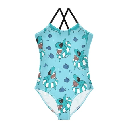 BZSMCE One-Piece Swimsuit with Crisscross StrapsColorful Fish Sea Ocean Blue Shark Pattern