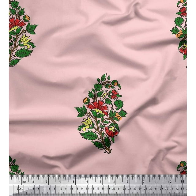 Soimoi Poly Georgette Fabric Leaves & Floral Block Printed Fabric 1 Yard 42 Inch Wide