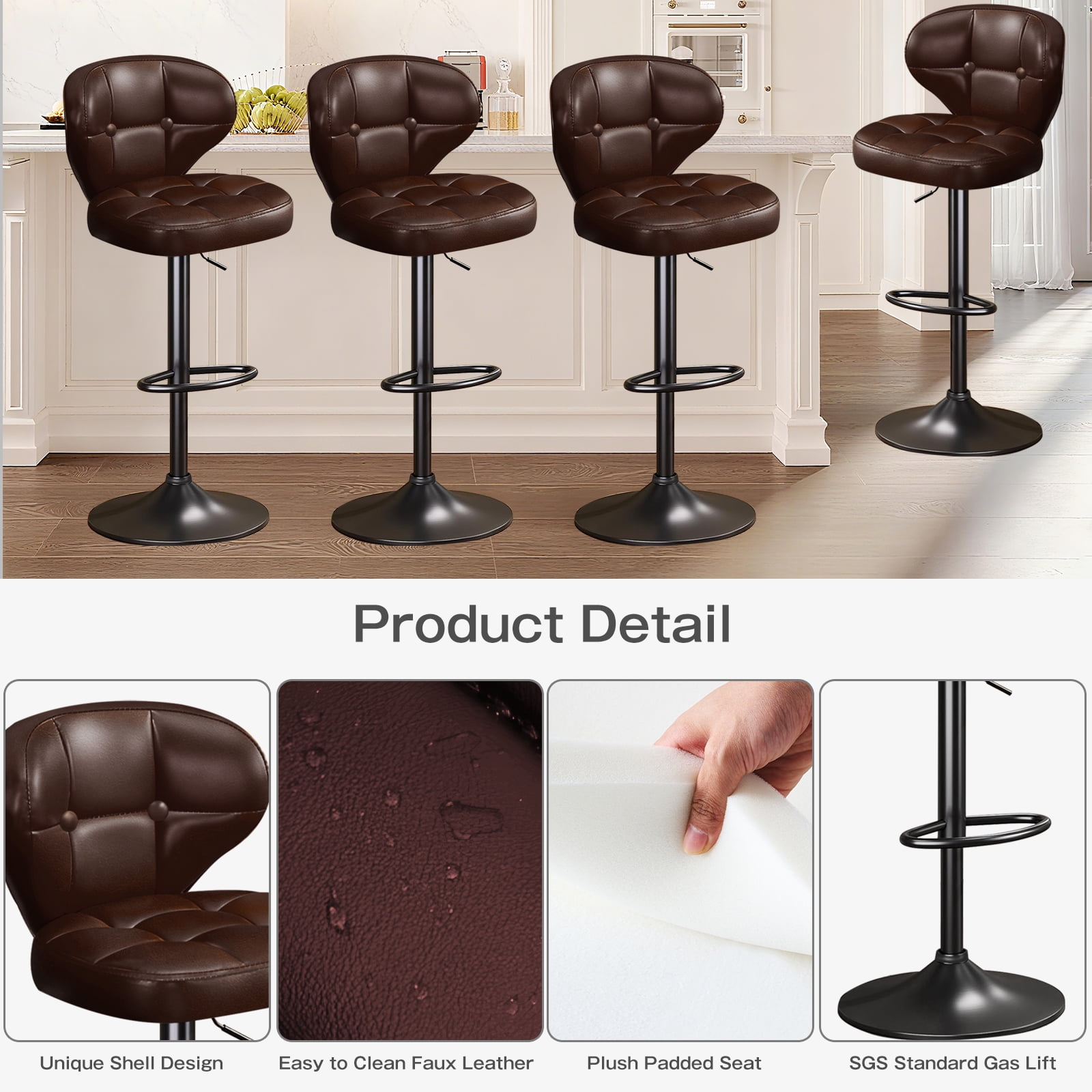 Bar Stools Set of 2, Adjustable Swivel Bar Chairs with 360° Rotation, Padded Counter Stools with Back and Footrest for Kitchen Island, Bistro, Cafe, and Home Use