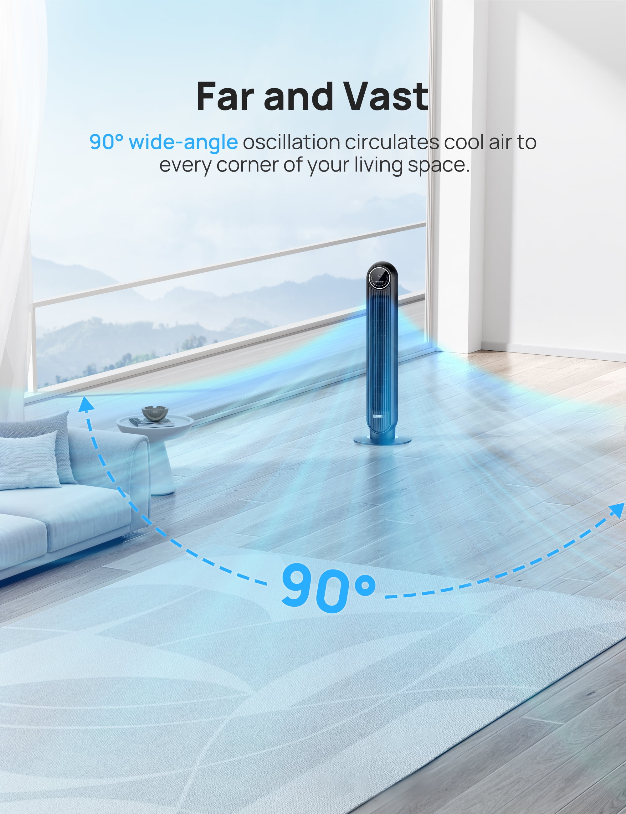 DREO Tower Fan for Bedroom, 24ft/s Velocity Quiet Floor Fan, 90° Oscillating Fans for Indoors with 4 Speeds, 4 Modes, 8H Timer, Standing Fans, Bladeless Fan, Black, Nomad One
