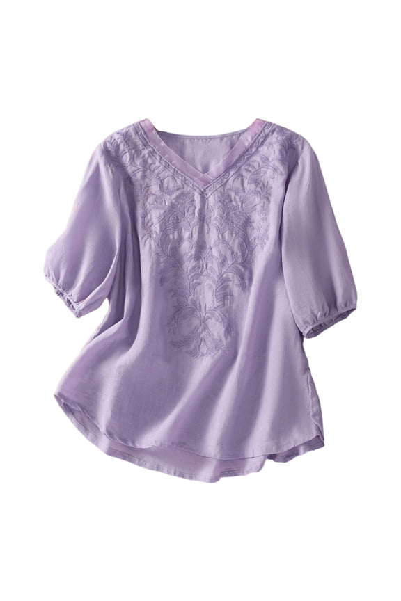 Womens Tees Embroidered Floral Vine Ethnic 3/4 Sleeve Crop Tank Tops for Women,Purple,XL