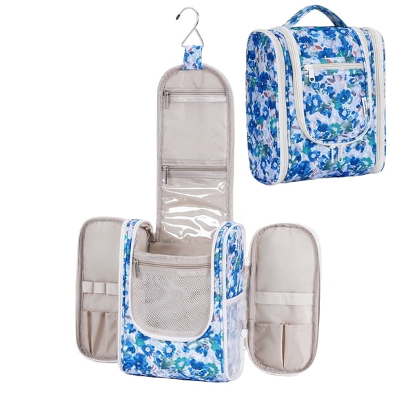 WANDF Hanging Toiletry Bag for Women, Multi-Compartment Cosmetic Bag with Hook, Portable Dopp Kit Organizer, Makeup Bag for Travel,Business Trip,Bathroom(Blue Flower)