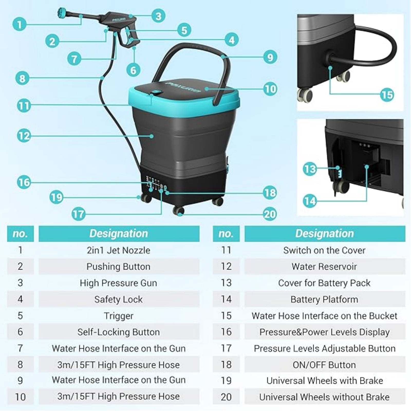 Portable Cordless Washer with 4.5Gal Tank, 10FT Hose, 50000mAh Battery, Foldable Design with Wheels for Car, Camping, Garden