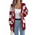 thumbnail image 2 of Women'S Autumn and Winter Contrast Color Plaid Lantern Sleeve Cardigan Sweater Mid-Length Coat Wine Red S, 2 of 9
