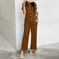thumbnail image 5 of Lovskoo 2024 Two Piece Outfits for Women Summer Loose Ribbed Short Sleeve V Neck Button Down Shirt Elastic Waist Wide Leg Pants Knit Matching Lounge Sets Brown 2XL, 5 of 9
