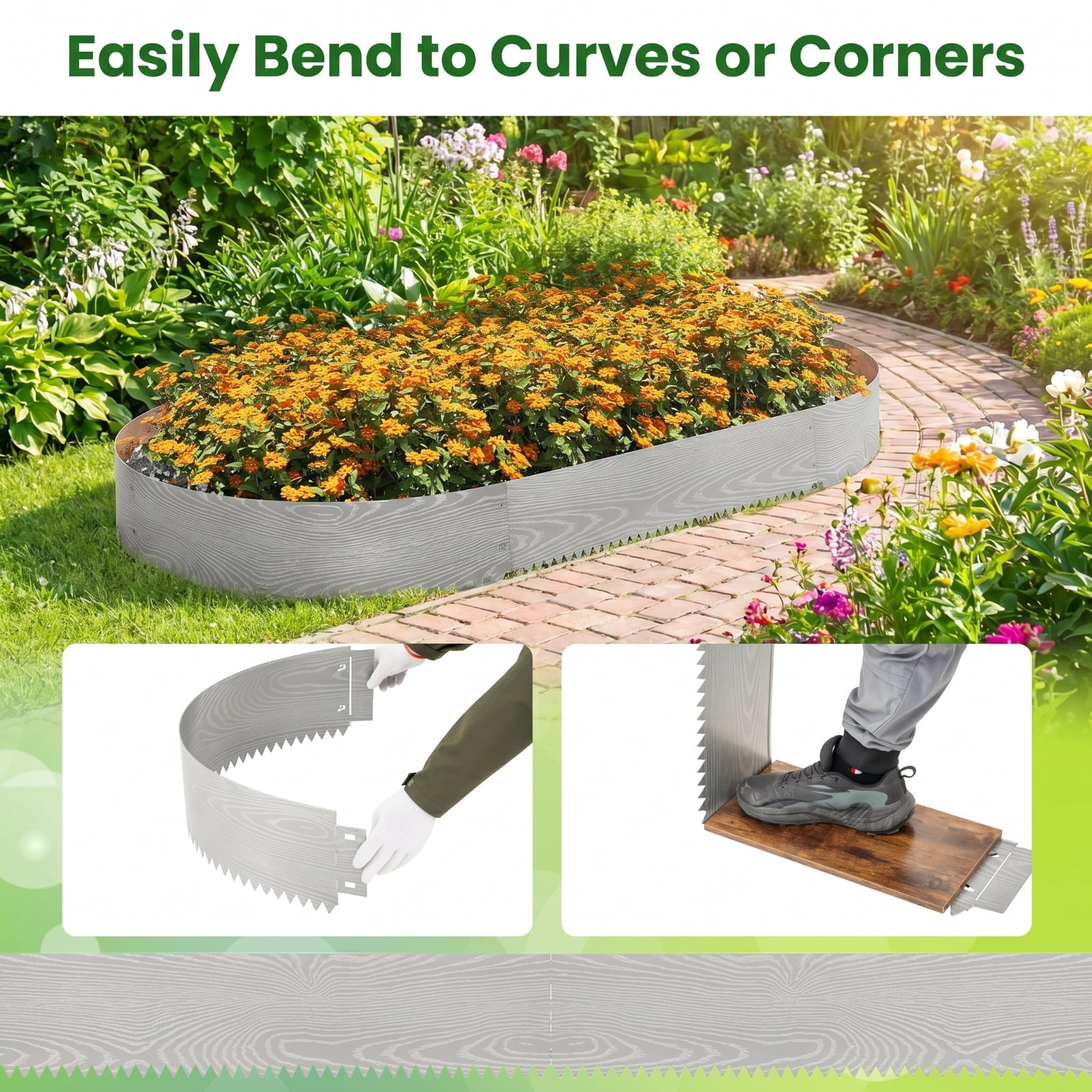 Biotree 6-Pack 20 FT Galvanized Metal Landscape Edging for Lawn Yard Garden, Flexible Wood-Grain Steel Border Panels, Heart Curve Rectangle Shapes, Silver