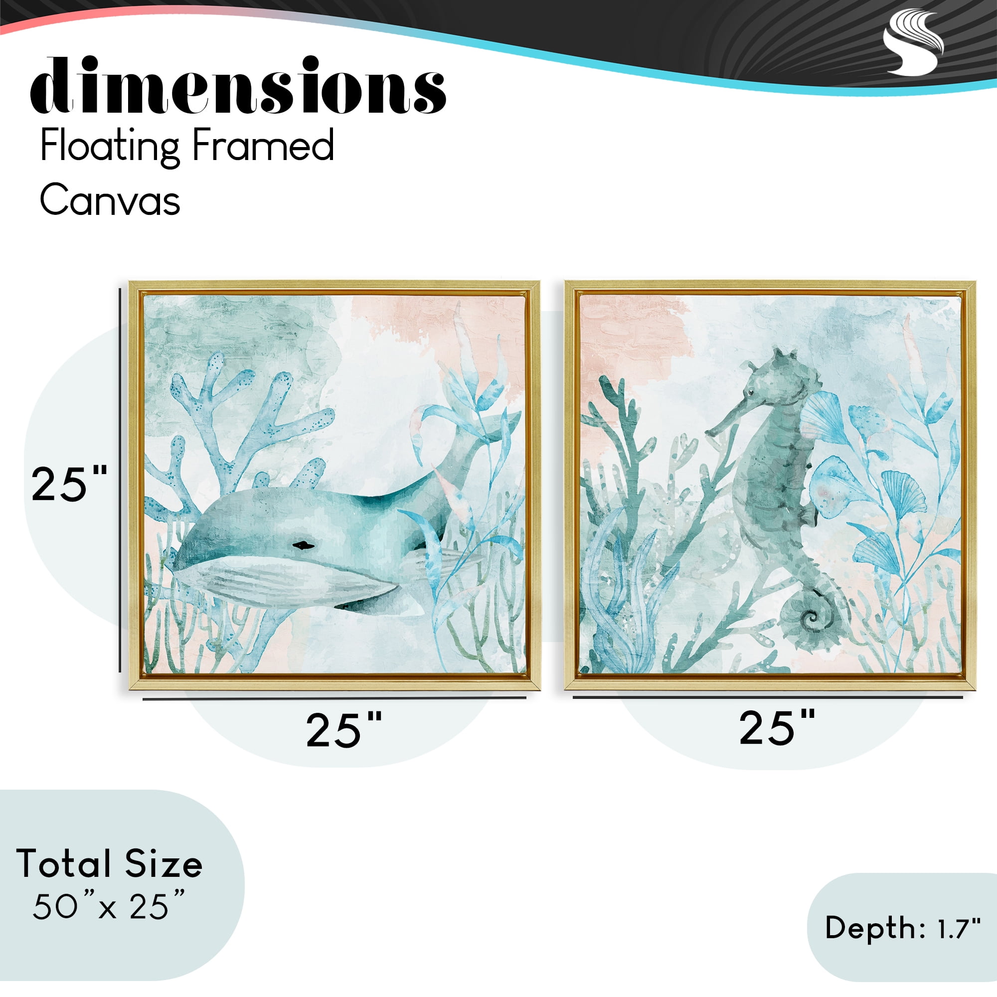 Stupell Industries Whale & Seahorse Sea Swim 2 Piece Gold Framed Floater Canvas Set, design by Kim Allen