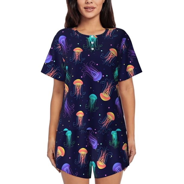Fotbe Sea Jellyfish Conjunto de Pijama Estampado para Mujer, 2 Piezas, Ropa de Dormir con Camiseta de Manga Corta y Shorts Suaves-Medium