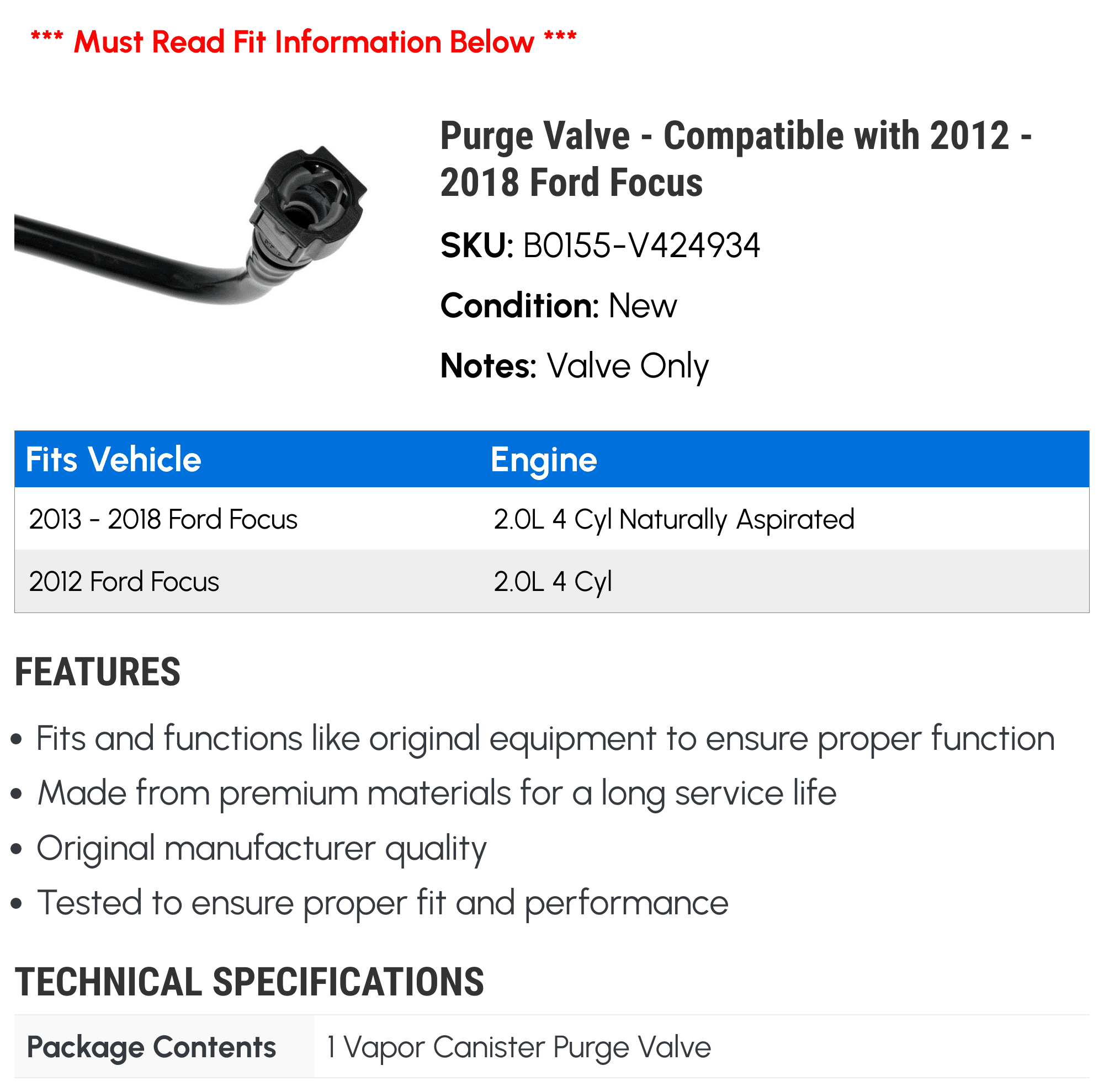 Purge Valve - Compatible with 2012 - 2018 Ford Focus 2013 2014 2015 2016 2017