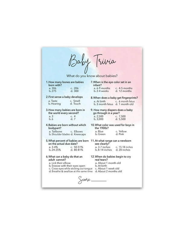 GENDER REVEAL Party Game  BABY TRIVIA Game  Pack of 25  Minimalist Pink or Blue Fun Baby Facts Games, Blue or Pink Trivia Gender Neutral Baby Shower Games Activities, Coed Couples Shower G752-TRV