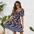 thumbnail image 3 of Womens Summer Dress- Square Neck Puff Sleeve Boho Floral Smocked Ruffle Hem A-line Mini Short Dresses, 3 of 6