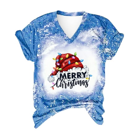 

Womens Tops Oversized T Shirts for Women Women Leisure Print Christmas Loose Fit Short Sleeve V-Neck Tops Backless Top White Crop Top on Sale Clearance Blue L