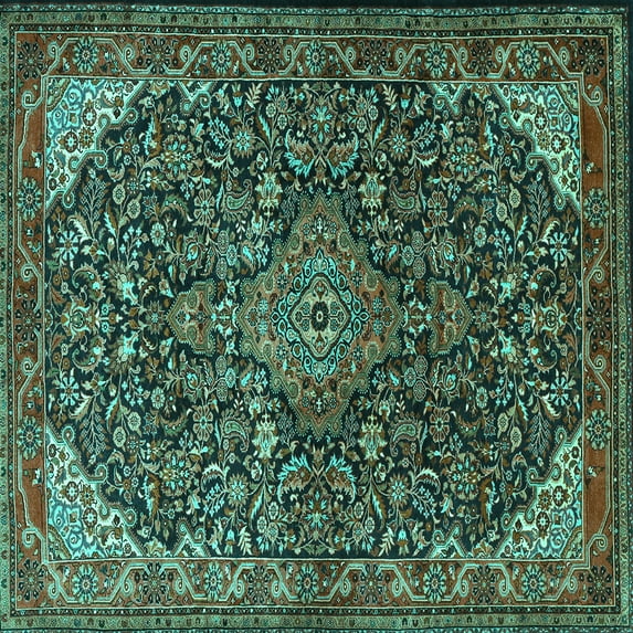 Ahgly Company Indoor Square Medallion Turquoise Blue Traditional Area Rugs, 3' Square