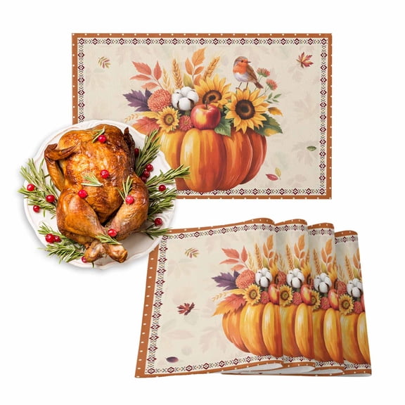 Fall Placemats Set of 4 Harvest Pumpkin Place Mats Thanksgiving Placemat Bird Maple Leaves Sunflower Boho Table Mats for Dining Kitchen Table Holiday Dinner Party Home Fall Decorations 13x19 Inch