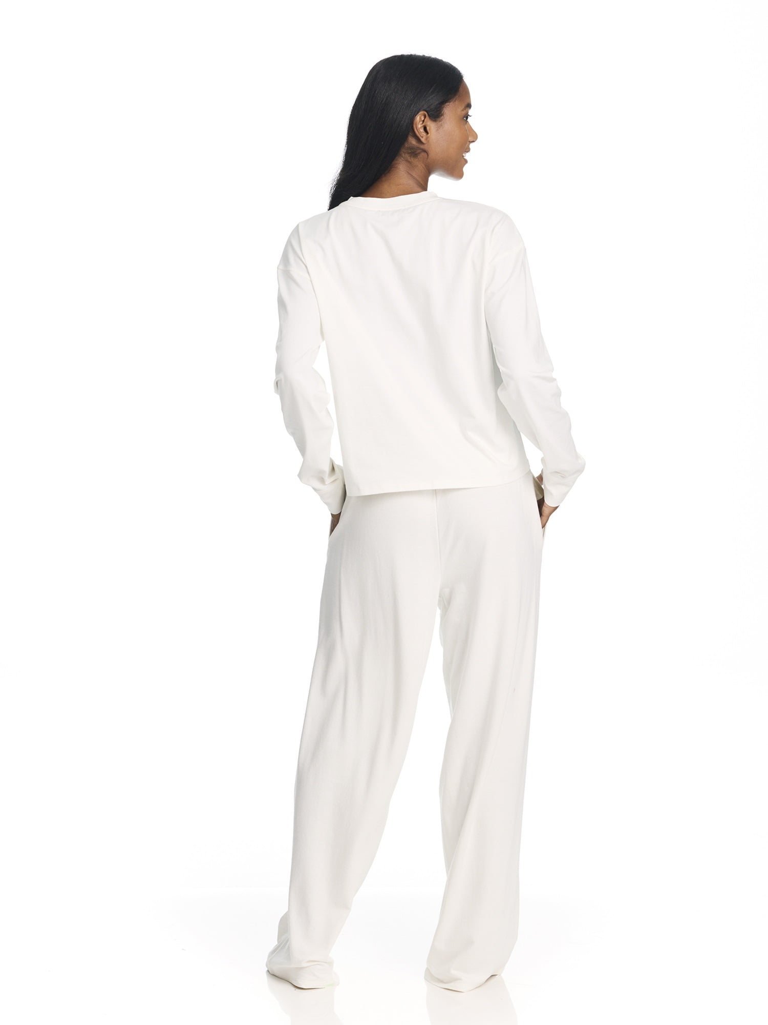 U.S. Polo Assn. Women's Long Sleeve Cotton Span Top and French Terry Wide Leg Pant Pajama Sleep Set, 2-Piece, Sizes S-3X