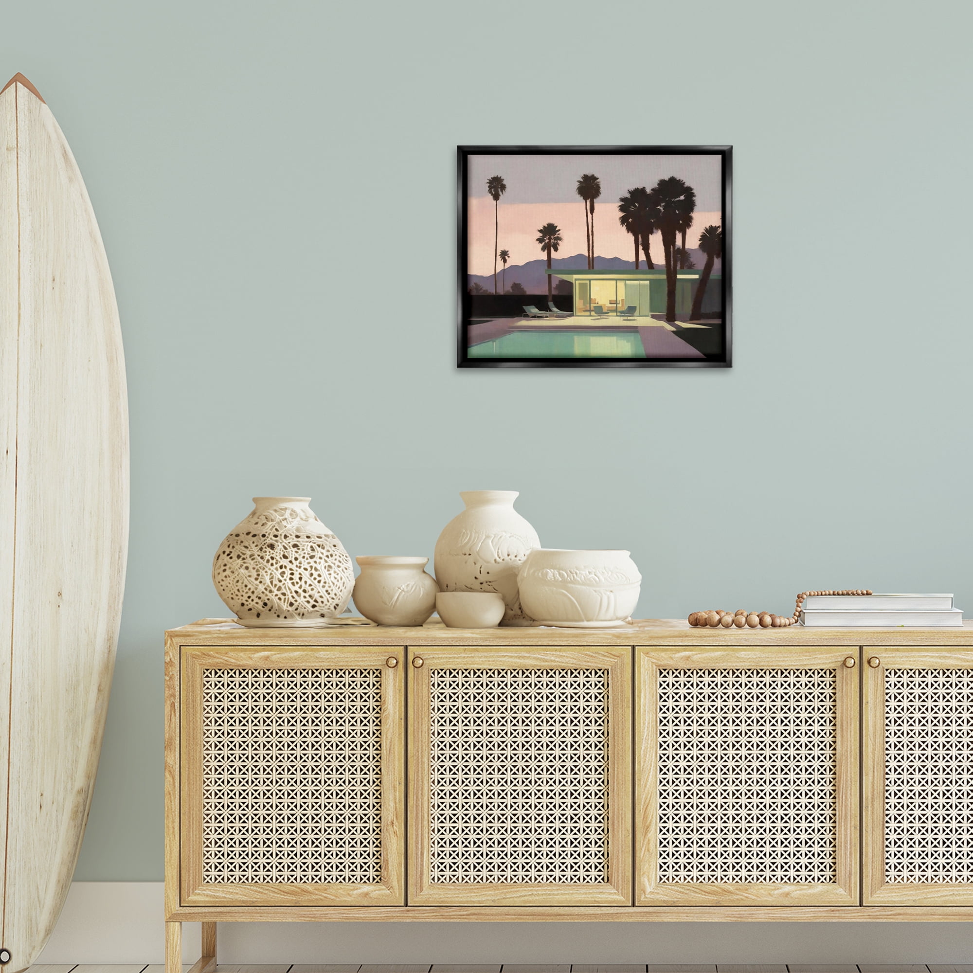 Stupell Industries Pool Surrounded by Palms Landscape & Nature Painting Black Floater Framed Canvas Art Print Wall Art, 21 x 17