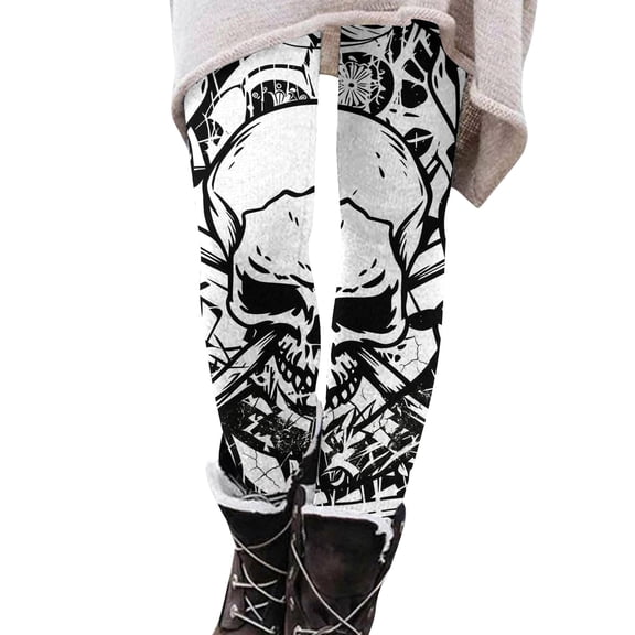 WULMLEO Women's Digital Skull Printted Ankle Elastic Tights Legging White L