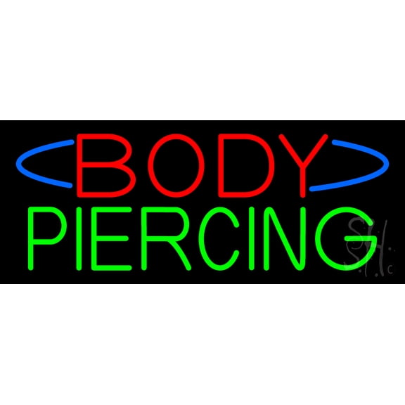 Deco Style Body Piercing LED Neon Sign 13" Tall x 32" Wide - inches Black Square Cut Acrylic Backing, with Dimmer - Premium built indoor Sign for Storefront, Store interior, Studio.