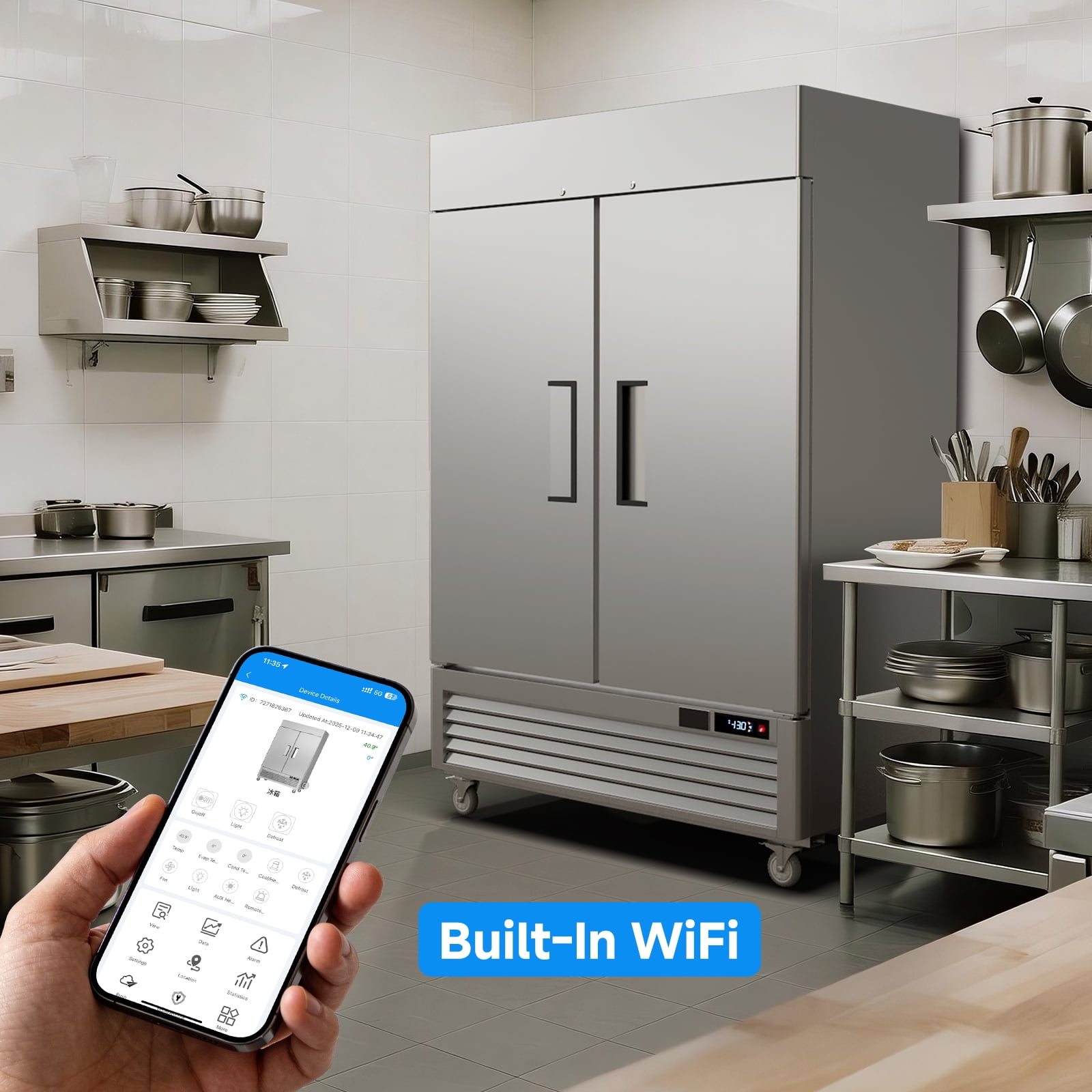 VEECOOL Commercial Freezer Upright WiFi Enabled, 54.4" Solid Door Reach-In Freezer with LED Lighting, APP Control Fan Cooling, R290, Stainless Steel, 49 cu.ft. Capacity, ETL&ETL Sanitation