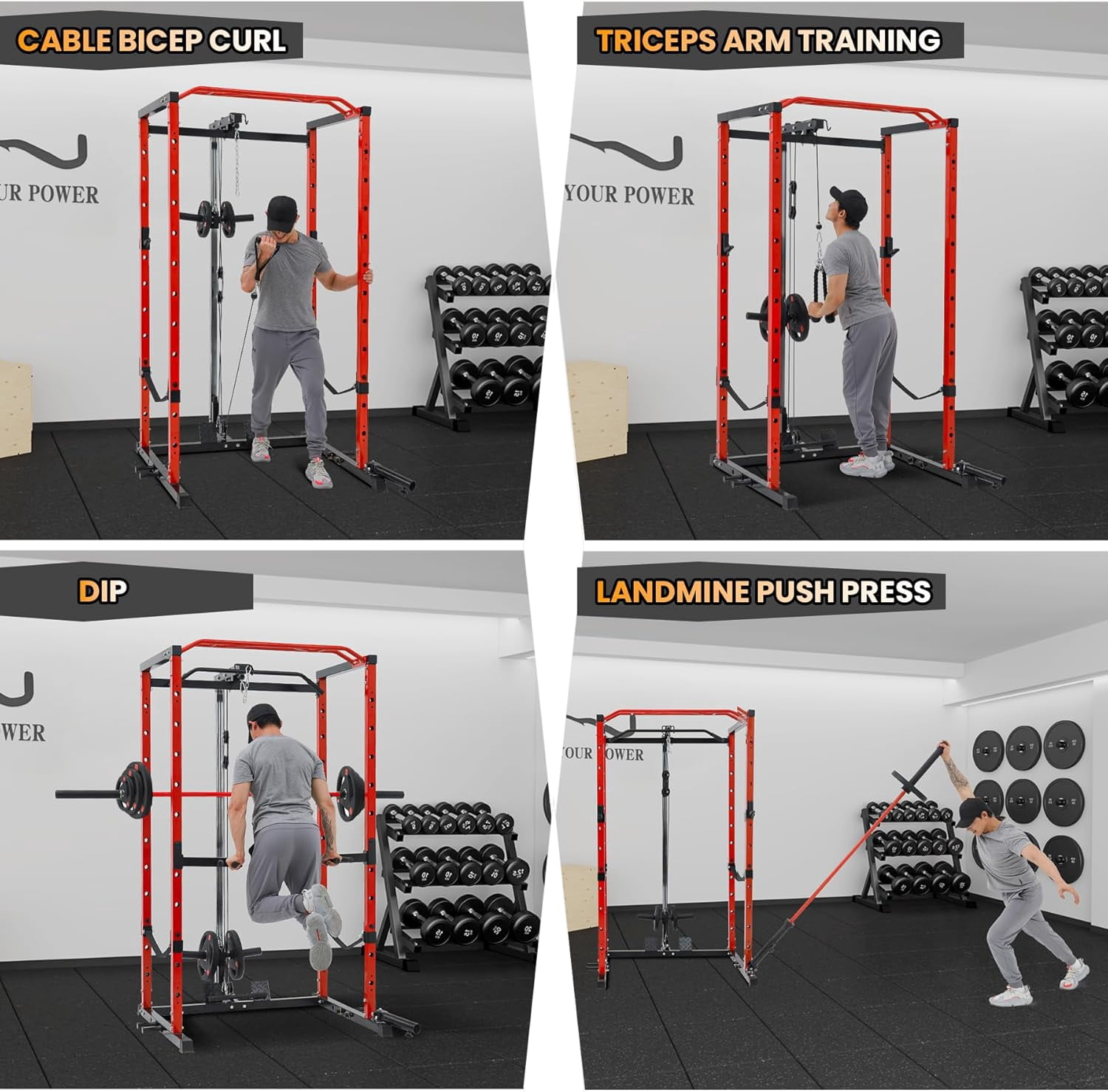 Hetoy 1600 Lbs Power Rack for Home Gym Squat Rack with Cable Pulley System & LAT Pull Down Workout Cage Strength Training Weight Cage with Dip Bar & J Hooks for Multiple Exercises,Red