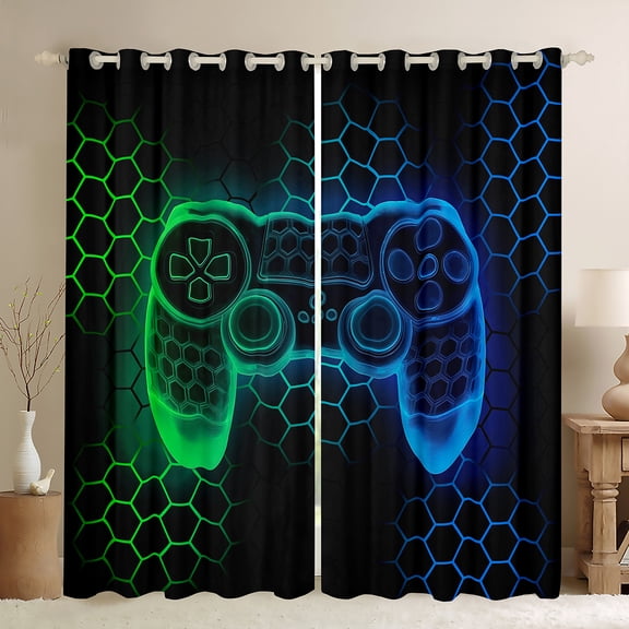 Homewish Green Blue Gamepad Black Out Curtains, Gamer Gaming Theme Curtains Pack of 2 (42x63 Each), Teens Kids Boys Girls Bedroom Curtains, Blackout Curtains Room Decor