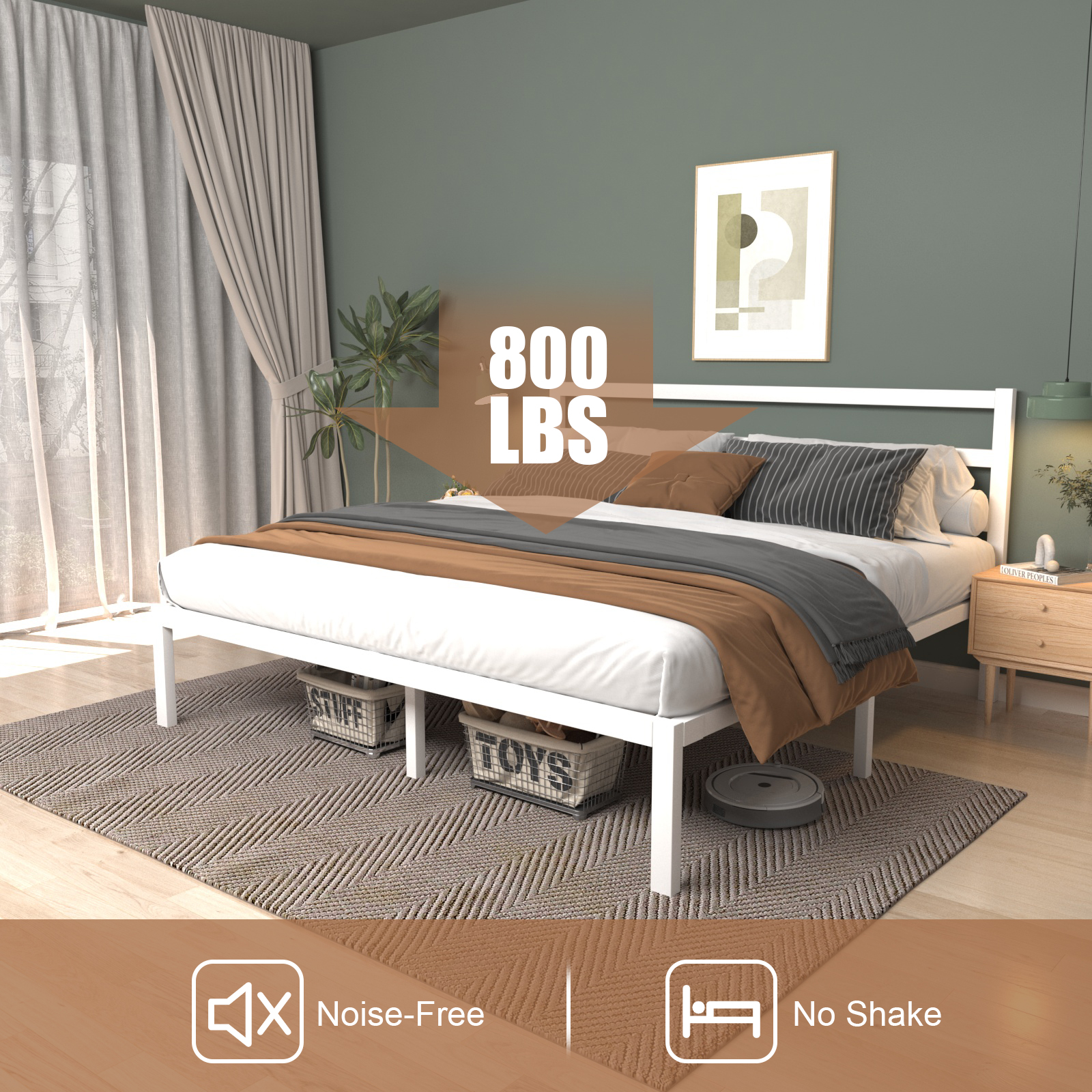Full Size White Metal Bed Frame with Headboard, Heavy Duty Sturdy Platform Bed, No Box Spring Needed, Easy Assembly, Noise-Free, Modern Style Bedroom Furniture