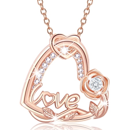 APSVO 18K Rose Gold Plated Love Heart Rose Necklaces for Women April Birthstone Necklace with Crystal Birthday Graduation Jewelry Gifts Ideas Teen Her Mom Female Lady Adult Age Ideas