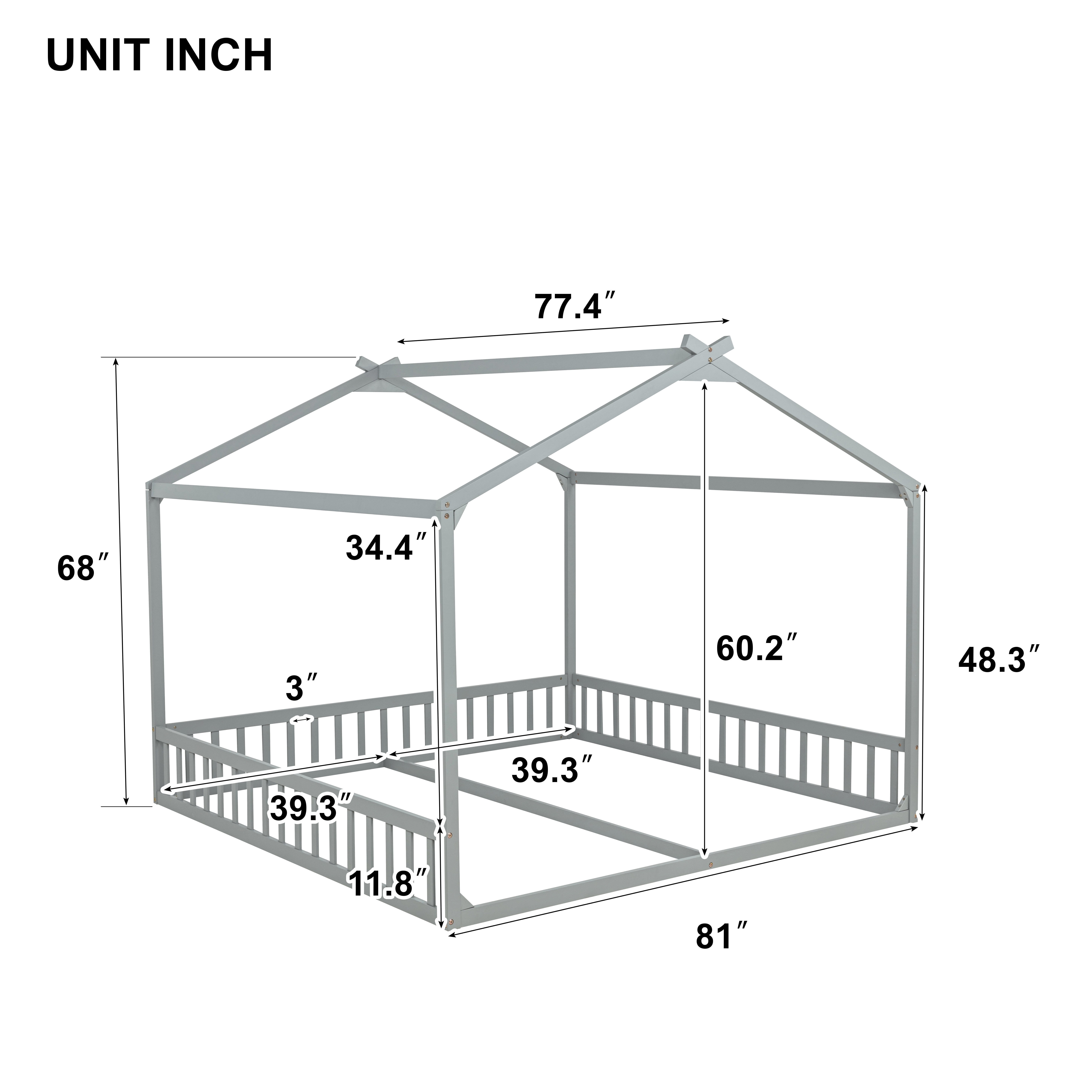 Miniyam Double Twin Floor Bed for Kids, House Bed with Guardrails and Open Entrance, Gray