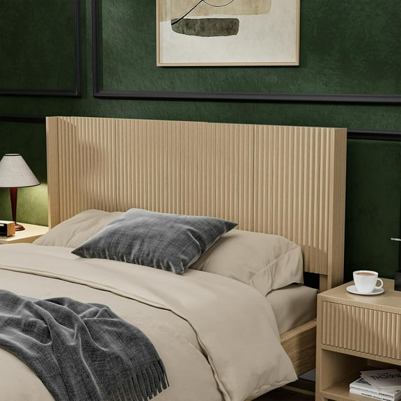 Wood Headboard Queen Size, 64.6" Wide Fluted Panel Headboard with Vertical Groove Design, Modern Farmhouse Wall Mounted, Wingback Boho Style for Bedroom, Natural Oak Finish