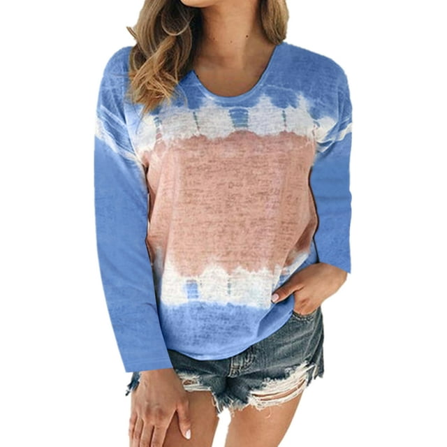 Chandail Décontracté à Manches Longues Dégradé pour Femmes, Col Rond, Imprimé Teinture sur Nœuds, Tunique Ample, Chemisier Basique