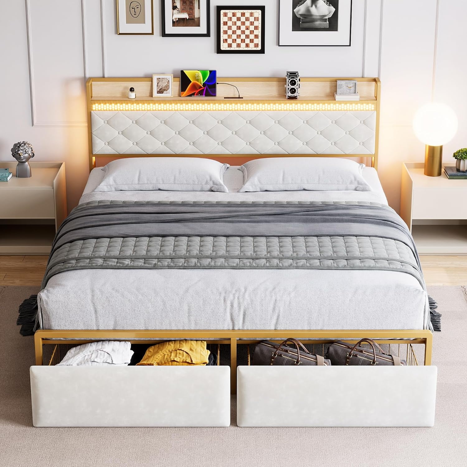 Historyli King Size Bed Frame with RGB LED Lights,Storage Headboard & 2 Storage Drawers,Upholstered Platform Bed with USB Ports & Outlets,Noise Free,Easy Assembly,No Box Spring Needed,White