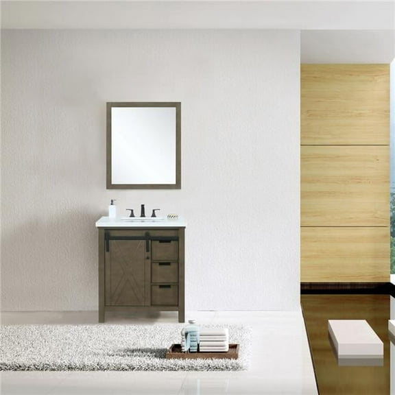 30 in. Marsyas Single Bathroom Vanity, White Quartz Top, White Square Sink & 28 in. Mirror with Faucet - Rustic Brown