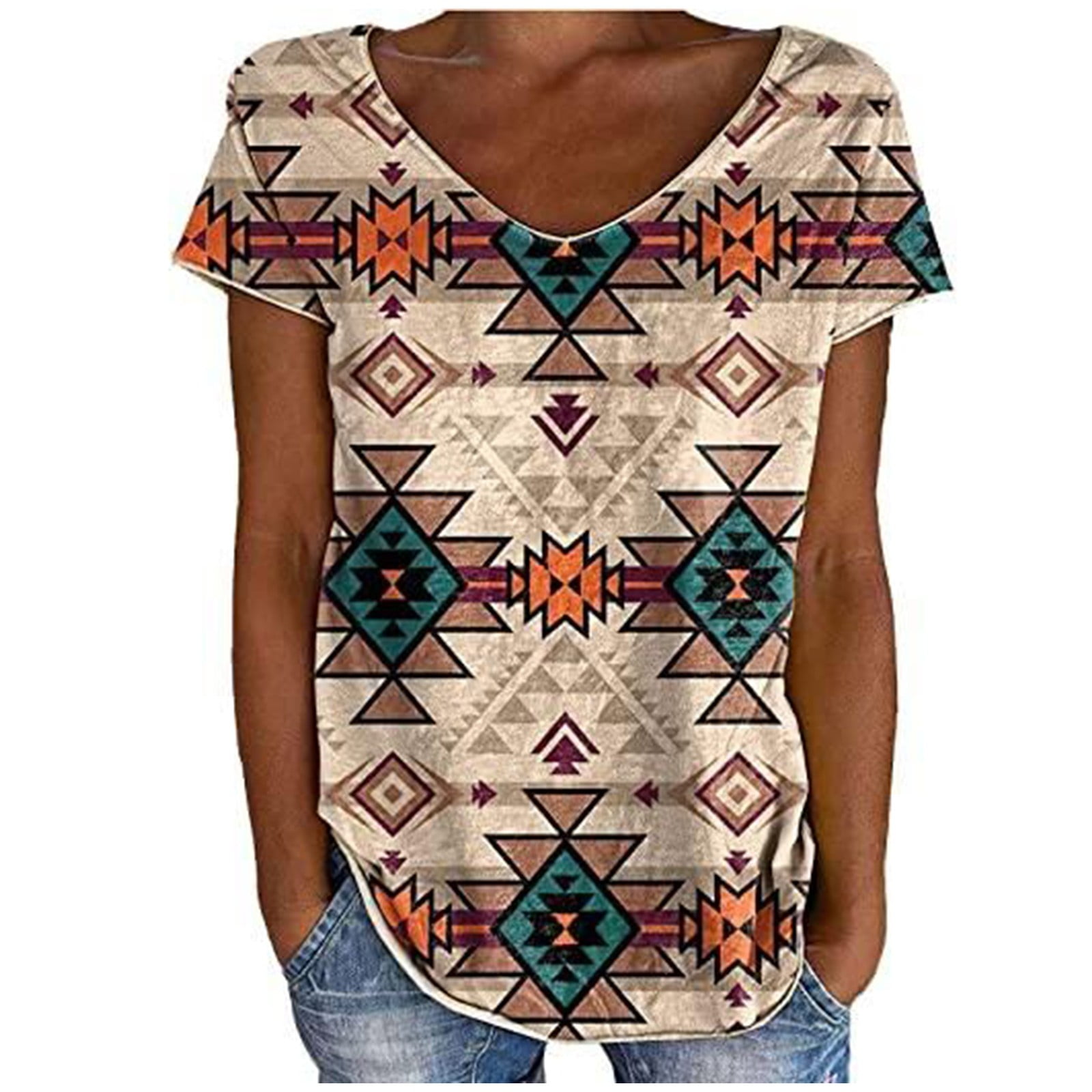 Summer Shirts for Women Casual Tops Cow Girl Color Block Print Short Sleeve V-Neck T Shirt Western Shirts for Ladies 