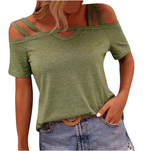 T-shirts pour Femmes Mode Mode pour Femmes Décontracté Couleur Unie T-Shirt à Col à Bretelles Haut Manches 1/2 Hauts pour Femmes