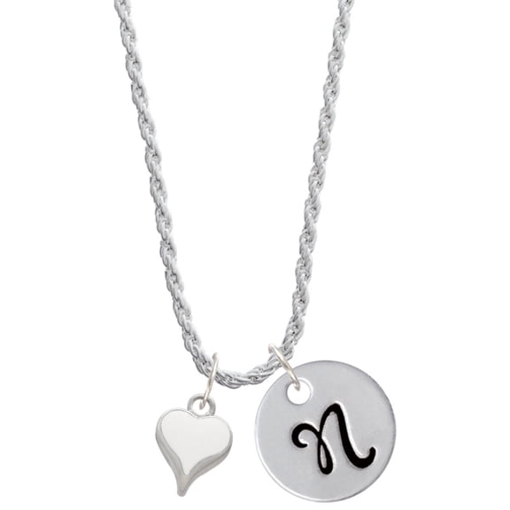 Delight Jewelry Silvertone Small Long White Heart Silvertone Script Initial Disc - N - Charm Necklace, 20"+3"