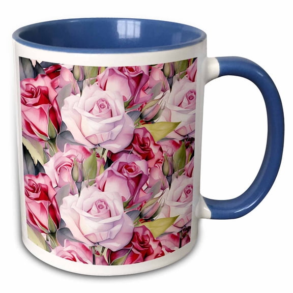 3drose, Shades of Pink Roses Pattern, 11oz Two-tone Blue Mug