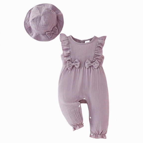 CAICJ98 Newborn Baby Girl Summer Clothes One Piece Jumpsuits Clothes Ruffle Short Sleeve Rompers with Hat Baby Girl Outfit Sets (9-12 Months,Purple)