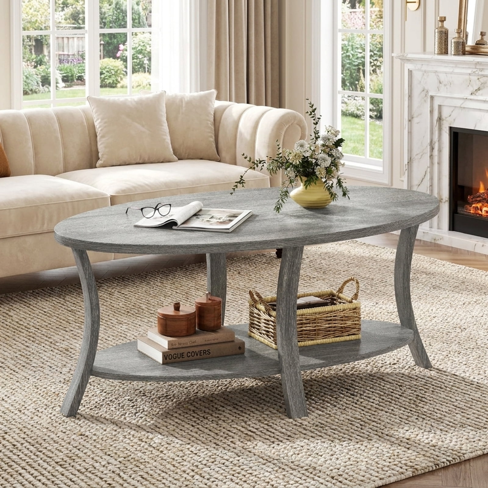 Furnibear Oval Coffee Table 2-Tier Center Table with Storage Shelf - Gray - Living Room Cocktail Center Table