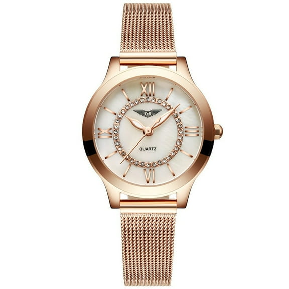 GUANQIN Luxury Brand Fashion Vintage Analog Women Stainless Steel Milanese Strap Quartz Waterproof Rhinestone Casual Wrist Watch Sapphire Mirror