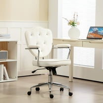 Cute Home Office Chair, Computer Desk Chair with Button Tufted Velvet-Feel Fabric, Swivel Vanity Chair, Cream White