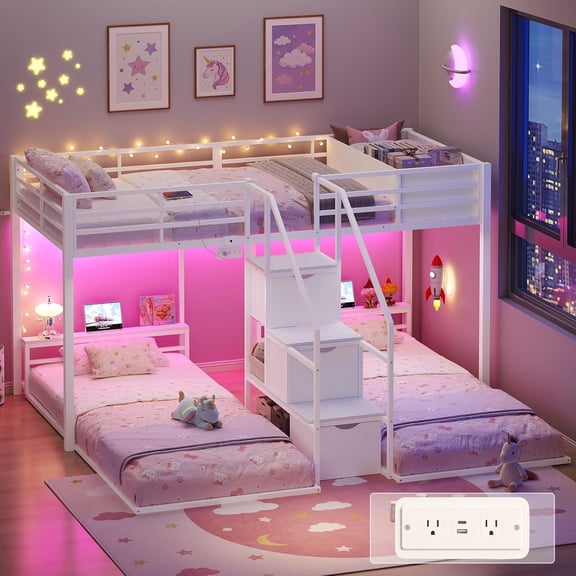 Afuhokles Modern L-Shaped Triple Bunk Bed with Integrated Storage Stairs, LED Atmosphere Lights and Charging Station - Heavy Duty Twin Metal Bed Frame with 3 Storage Drawers, White