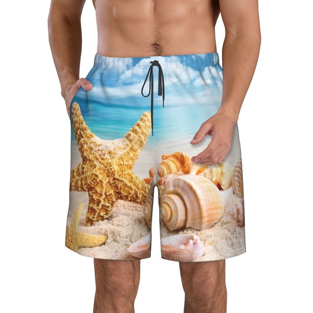 Balery Beach Starfish Shell Traje de Baño Estilo Hawaiano para Hombre, Shorts de Secado Rápido con Bolsillos-Medium
