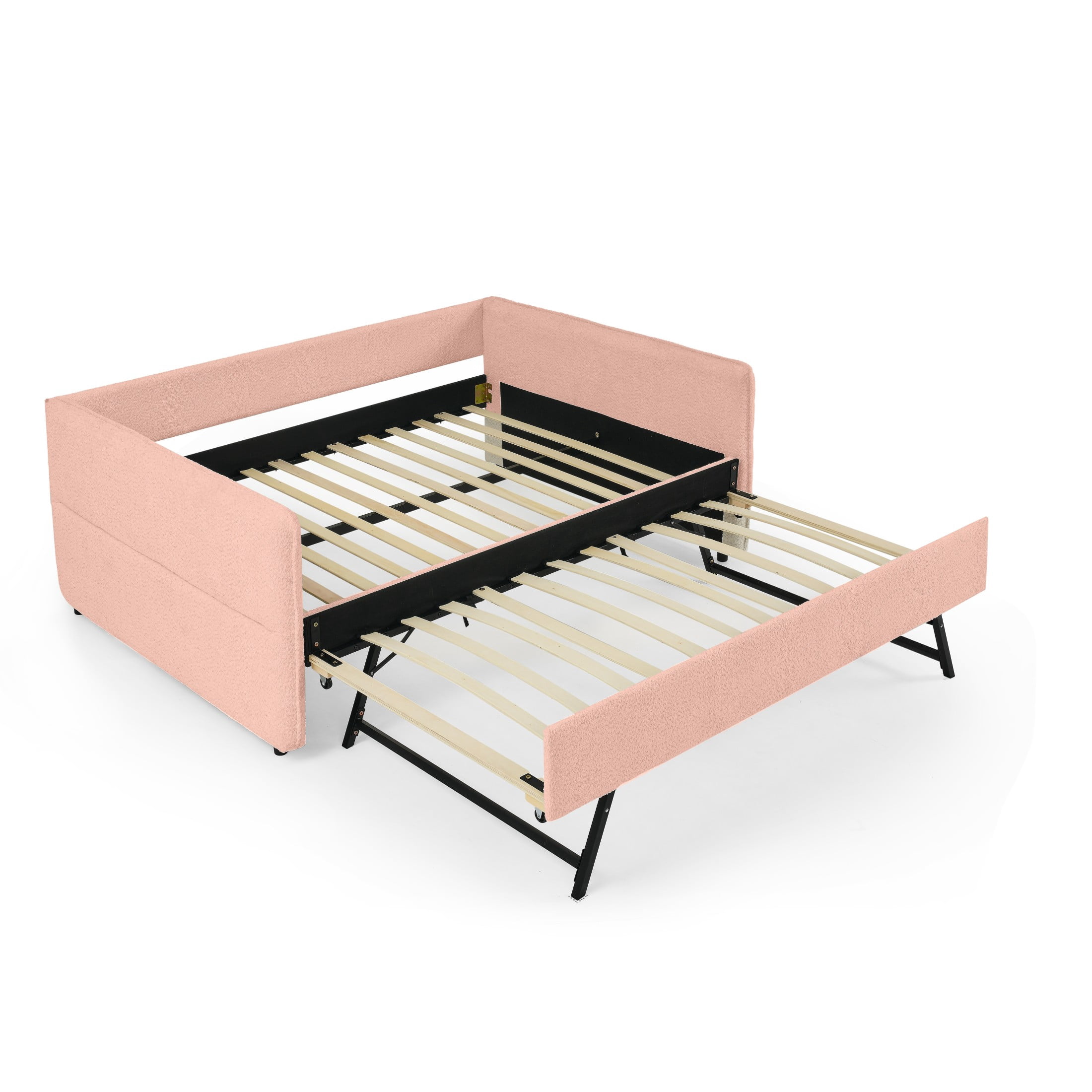 Noble House Zenton Full Size Boucle Daybed, Tufted Sofa Bed Frame with Trundle, Modern Guest Sleeper Couch, Pink
