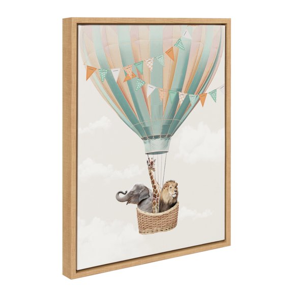 Kate and Laurel Sylvie Hot Air Balloon Travel Framed Canvas Wall Art by July Art Prints, 18x24 Natural, Zoo Animal Wall Art Decor