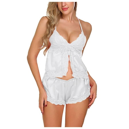 

TANGNADE Women Sexy-Lingerie Sleepwear Satin Silk Babydoll Lace Up Nightwear Pajamas Set Spot goods