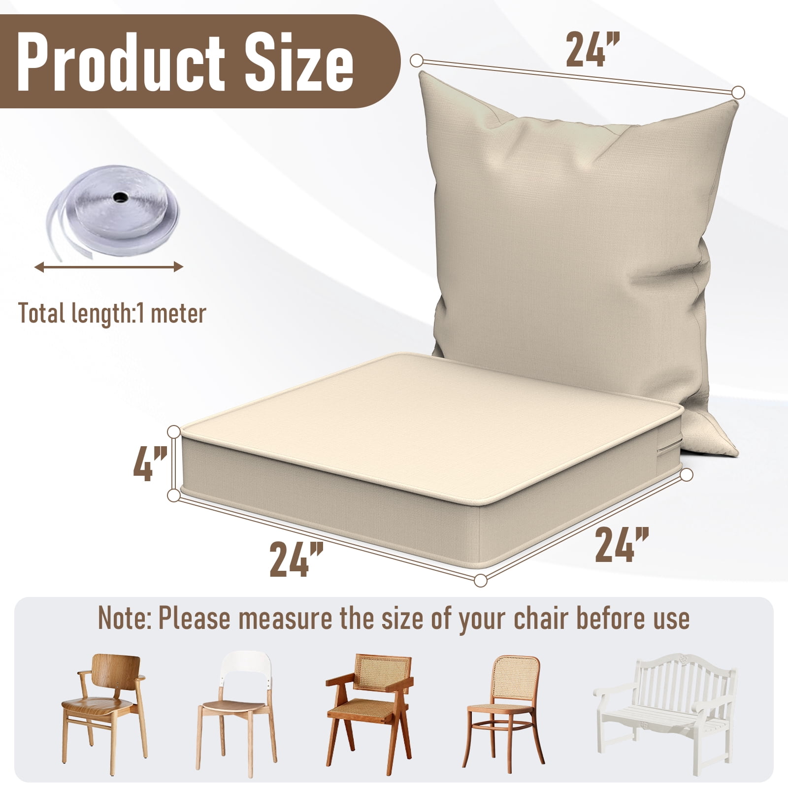 Yacona Outdoor Chair Cushions Set, 24x24in Patio Furniture Cushions with Handle, for Patio Furniture Chair Sofa, Beige